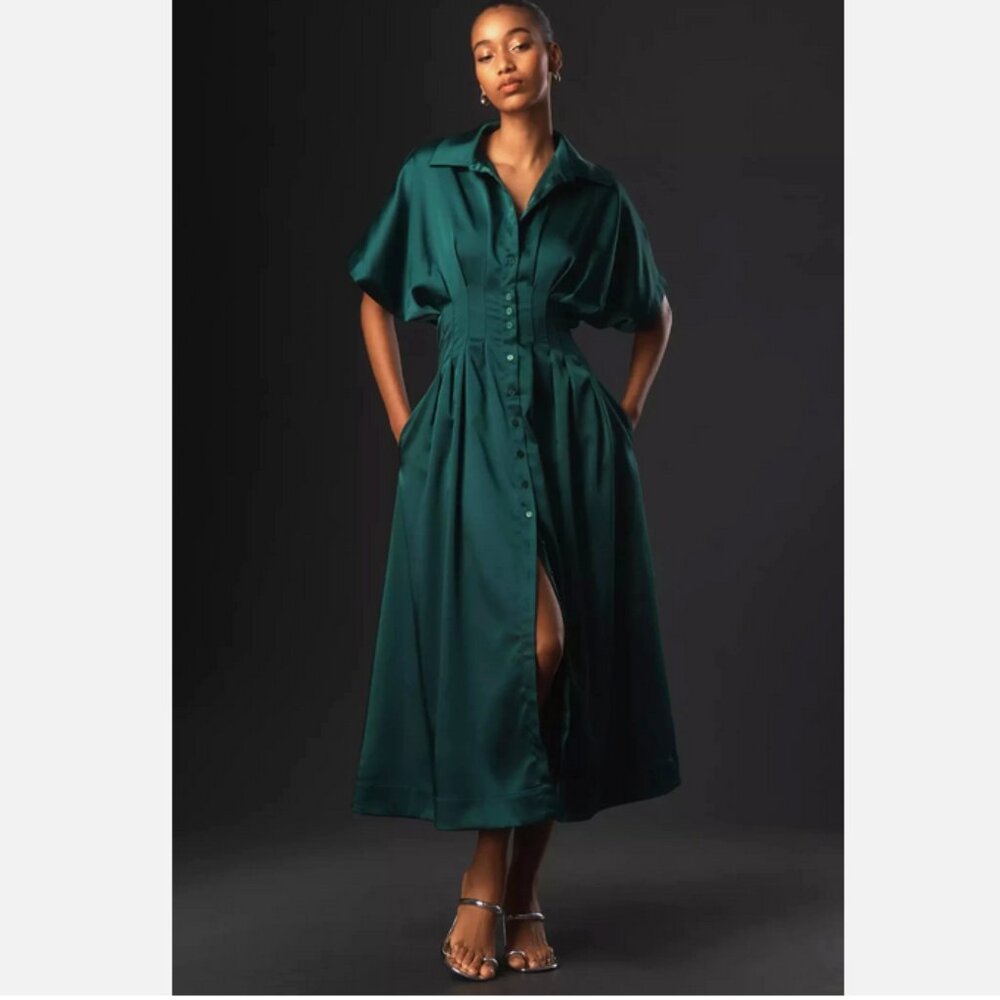 Anthropologie The Tobie Satin Shirt Dress by Exquise Rainforest Green Size M NWT